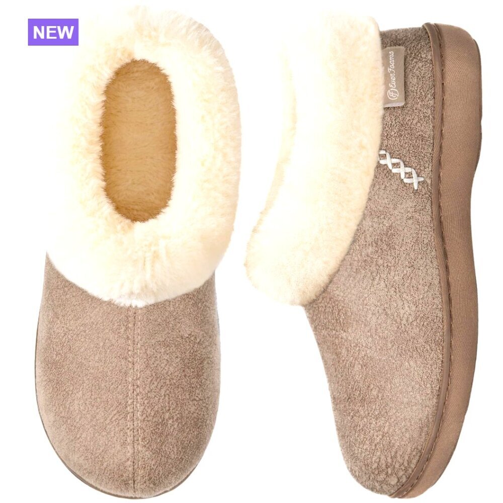 Microsuede Memory Foam Slippers with Faux Fur Collar Rubber Sole